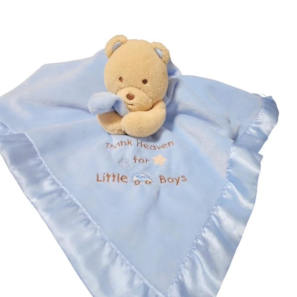 Okie Dokie Thank Heaven for Little Boys Blue Teddy Bear Satin Trim Lovey Blanket